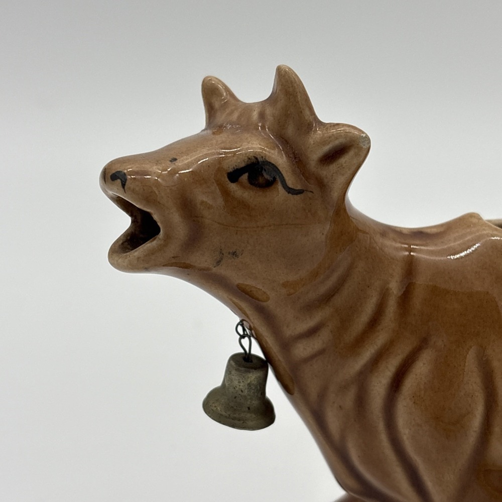 Vintage Ceramic Jersey Cow Creamer Brown Glazed Novelty Pitcher with Cowbell - Picture 8 of 8